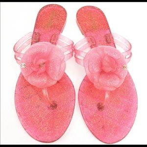 CHANEL Cherry Pink Camellia & CC Logo Flat Sandals